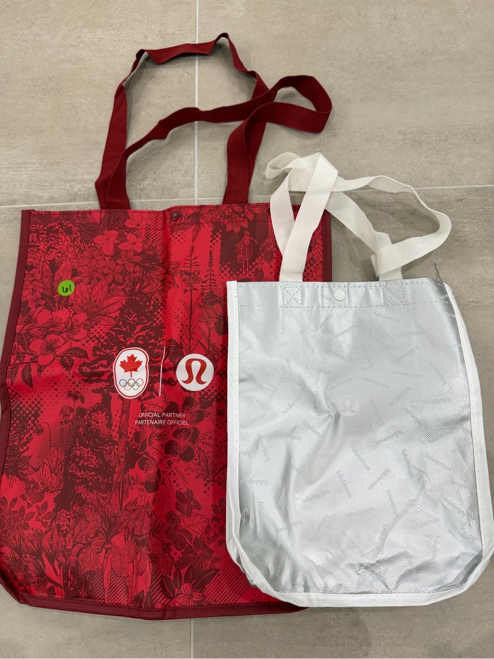 lululemon athletica bundle Red Floral Tote and Silver reusable tote Bag